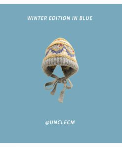 Women's Oversized Knitted Wool Beanie Hat - Blue Ear-Protecting Design for Autumn and Winter, Flattering Style