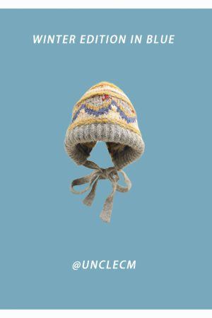 Women's Oversized Knitted Wool Beanie Hat - Blue Ear-Protecting Design for Autumn and Winter, Flattering Style