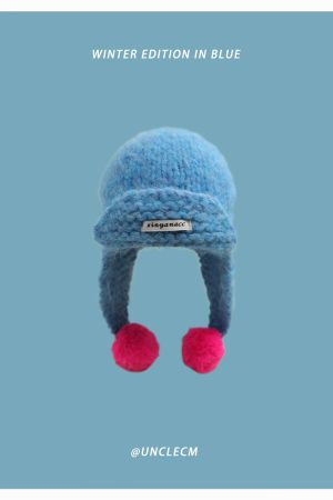 Women's Oversized Knitted Wool Beanie Hat - Blue Ear-Protecting Design for Autumn and Winter, Flattering Style