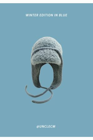 Women's Oversized Knitted Wool Beanie Hat - Blue Ear-Protecting Design for Autumn and Winter, Flattering Style