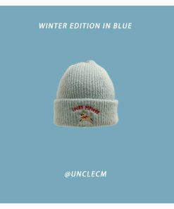 Women's Oversized Knitted Wool Beanie Hat - Blue Ear-Protecting Design for Autumn and Winter, Flattering Style