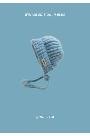 Women's Oversized Knitted Wool Beanie Hat - Blue Ear-Protecting Design for Autumn and Winter, Flattering Style