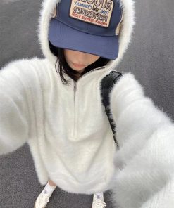 Women's Oversized Mohair Knitted Half-Zip Hoodie - Pumpkin Color, Cozy Sweater for Autumn Winter, Trendy Casual Style