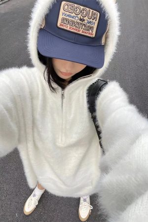 Women's Oversized Mohair Knitted Half-Zip Hoodie - Pumpkin Color, Cozy Sweater for Autumn Winter, Trendy Casual Style