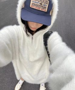 Women's Oversized Mohair Knitted Half-Zip Hoodie - Pumpkin Color, Cozy Sweater for Autumn Winter, Trendy Casual Style