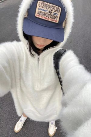 Women's Oversized Mohair Knitted Half-Zip Hoodie - Pumpkin Color, Cozy Sweater for Autumn Winter, Trendy Casual Style