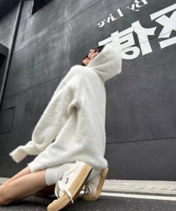 Women's Oversized Mohair Knitted Half-Zip Hoodie - Pumpkin Color, Cozy Sweater for Autumn Winter, Trendy Casual Style