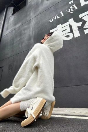 Women's Oversized Mohair Knitted Half-Zip Hoodie - Pumpkin Color, Cozy Sweater for Autumn Winter, Trendy Casual Style
