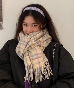 Women's Plaid Shawl Scarf - Versatile Two-in-One Imitation Cashmere Neck Warmer for Autumn and Winter, Trendy Korean Style Accessory
