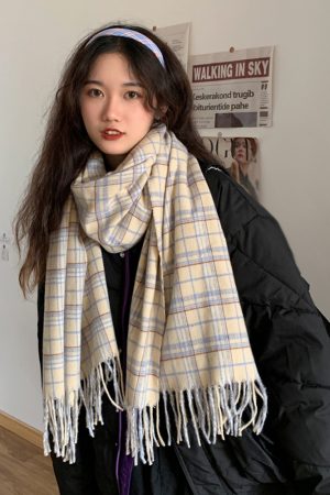 Women's Plaid Shawl Scarf - Versatile Two-in-One Imitation Cashmere Neck Warmer for Autumn and Winter, Trendy Korean Style Accessory