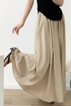Women's Pleated A-Line Skirt, High Waist Long Almond Skirt, Casual Summer Fashion, Loose Fit, Trendy Korean Style