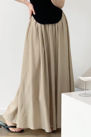 Women's Pleated A-Line Skirt, High Waist Long Almond Skirt, Casual Summer Fashion, Loose Fit, Trendy Korean Style
