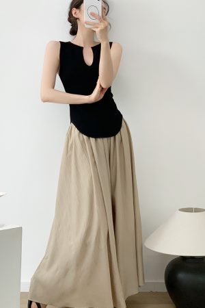 Women's Pleated A-Line Skirt, High Waist Long Almond Skirt, Casual Summer Fashion, Loose Fit, Trendy Korean Style