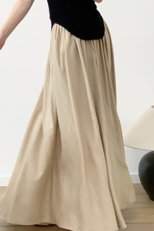 Women's Pleated A-Line Skirt, High Waist Long Almond Skirt, Casual Summer Fashion, Loose Fit, Trendy Korean Style