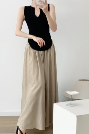 Women's Pleated A-Line Skirt, High Waist Long Almond Skirt, Casual Summer Fashion, Loose Fit, Trendy Korean Style
