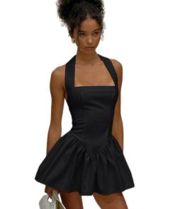 Women's Pleated Mini Camisole Dress with Splicing - Sexy High-Waisted A-Line Skirt, European American Style, 2025