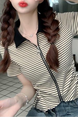 Women's Polo Collar Drawstring Striped Short Sleeve T-Shirt - 2025 Summer Slim Fit Versatile Style, Y2K Aesthetic Top