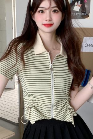 Women's Polo Collar Drawstring Striped Short Sleeve T-Shirt - 2025 Summer Slim Fit Versatile Style, Y2K Aesthetic Top