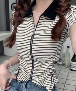Women's Polo Collar Drawstring Striped Short Sleeve T-Shirt - 2025 Summer Slim Fit Versatile Style, Y2K Aesthetic Top