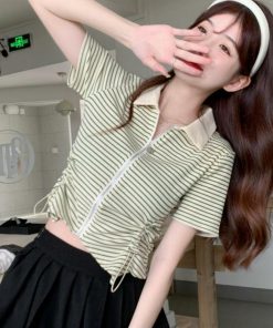 Women's Polo Collar Drawstring Striped Short Sleeve T-Shirt - 2025 Summer Slim Fit Versatile Style, Y2K Aesthetic Top