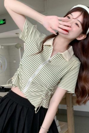 Women's Polo Collar Drawstring Striped Short Sleeve T-Shirt - 2025 Summer Slim Fit Versatile Style, Y2K Aesthetic Top