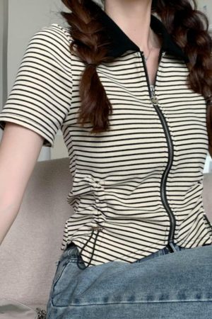 Women's Polo Collar Drawstring Striped Short Sleeve T-Shirt - 2025 Summer Slim Fit Versatile Style, Y2K Aesthetic Top
