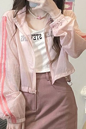 Women's Pudding Bear JK Sun Protection Jacket, Lightweight & Breathable, Pink & White, Cute Summer Style for Outdoor Wear