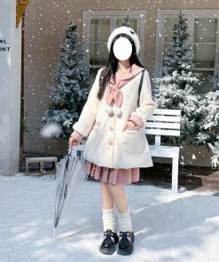 Women's Pudding Bear JK Uniform Woolen Set - Pink & White Autumn Winter Top with Navy Collar - Cute Best Friend Outfit
