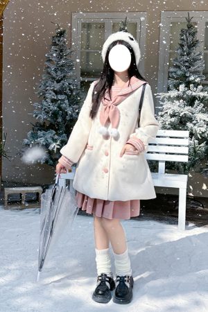 Women's Pudding Bear JK Uniform Woolen Set - Pink & White Autumn Winter Top with Navy Collar - Cute Best Friend Outfit