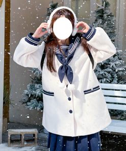 Women's Pudding Bear JK Uniform Woolen Set - Pink & White Autumn Winter Top with Navy Collar - Cute Best Friend Outfit