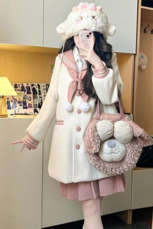 Women's Pudding Bear JK Uniform Woolen Set - Pink & White Autumn Winter Top with Navy Collar - Cute Best Friend Outfit
