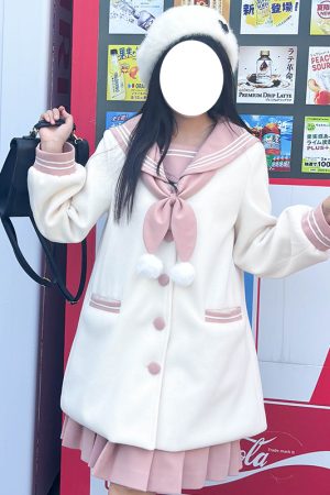 Women's Pudding Bear JK Uniform Woolen Set - Pink & White Autumn Winter Top with Navy Collar - Cute Best Friend Outfit