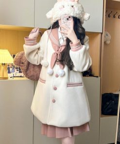 Women's Pudding Bear JK Uniform Woolen Set - Pink & White Autumn Winter Top with Navy Collar - Cute Best Friend Outfit