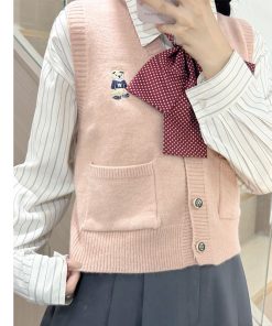 Women's Pudding Bear Knitted Vest - V-Neck Sleeveless Jacket for Autumn & Winter Layering, Cute Academy Style