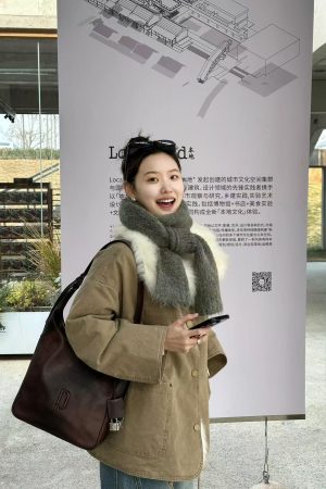 Women's Pumpkin Light Khaki Stand Collar Parka, Versatile Winter 2025 Workwear with Buttoned Collar and Furry Design
