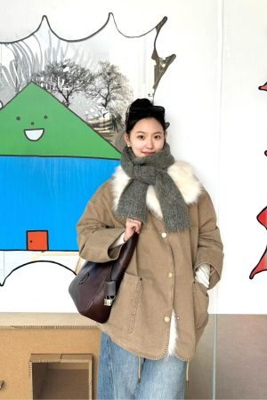 Women's Pumpkin Light Khaki Stand Collar Parka, Versatile Winter 2025 Workwear with Buttoned Collar and Furry Design