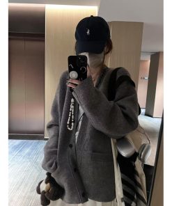 Women's Pumpkin Spicy V-Neck Loose Thick Wool Cardigan Sweater - Korean Style Cozy Jacket for Casual Couple's Fashion