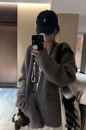 Women's Pumpkin Spicy V-Neck Loose Thick Wool Cardigan Sweater - Korean Style Cozy Jacket for Casual Couple's Fashion