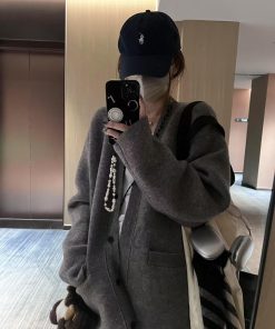 Women's Pumpkin Spicy V-Neck Loose Thick Wool Cardigan Sweater - Korean Style Cozy Jacket for Casual Couple's Fashion