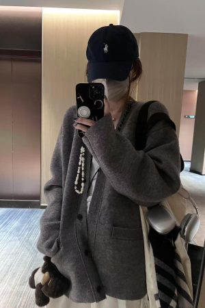 Women's Pumpkin Spicy V-Neck Loose Thick Wool Cardigan Sweater - Korean Style Cozy Jacket for Casual Couple's Fashion