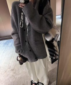 Women's Pumpkin Spicy V-Neck Loose Thick Wool Cardigan Sweater - Korean Style Cozy Jacket for Casual Couple's Fashion