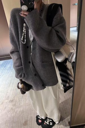Women's Pumpkin Spicy V-Neck Loose Thick Wool Cardigan Sweater - Korean Style Cozy Jacket for Casual Couple's Fashion