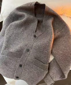 Women's Pumpkin Spicy V-Neck Loose Thick Wool Cardigan Sweater - Korean Style Cozy Jacket for Casual Couple's Fashion
