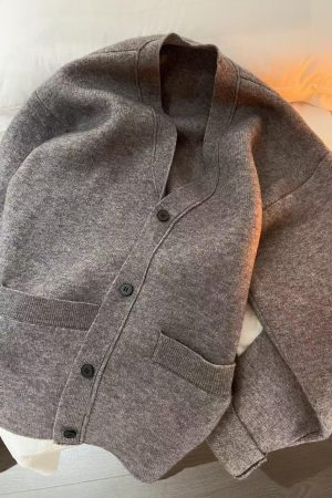 Women's Pumpkin Spicy V-Neck Loose Thick Wool Cardigan Sweater - Korean Style Cozy Jacket for Casual Couple's Fashion