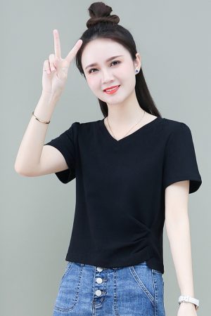 Women's Pure Cotton Slim-Fit V-Neck Cropped T-Shirt - Trendy Summer 2025 Style, Short Sleeve, Casual Chic Fashion