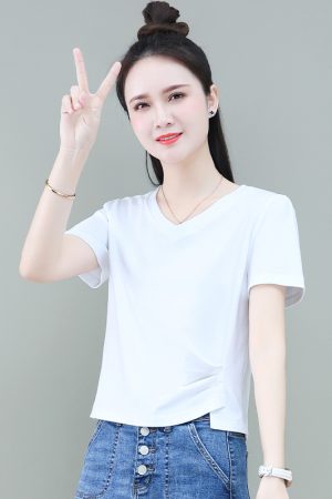 Women's Pure Cotton Slim-Fit V-Neck Cropped T-Shirt - Trendy Summer 2025 Style, Short Sleeve, Casual Chic Fashion