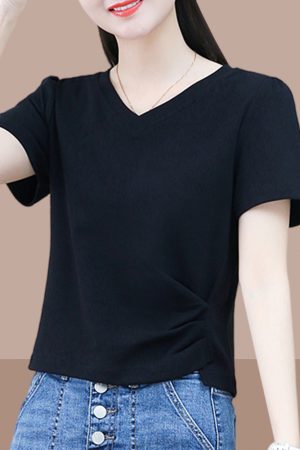 Women's Pure Cotton Slim-Fit V-Neck Cropped T-Shirt - Trendy Summer 2025 Style, Short Sleeve, Casual Chic Fashion