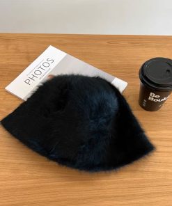 Women's Rabbit Fur Bucket Hat - Plush Fisherman's Style, Warm and Versatile Winter Accessory for Round Faces, Trendy Korean Fashion