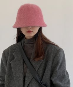 Women's Rabbit Fur Bucket Hat - Plush Fisherman's Style, Warm and Versatile Winter Accessory for Round Faces, Trendy Korean Fashion