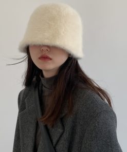 Women's Rabbit Fur Bucket Hat - Plush Fisherman's Style, Warm and Versatile Winter Accessory for Round Faces, Trendy Korean Fashion